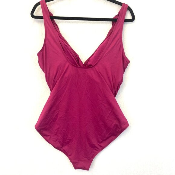 Lauren Ralph Lauren Ruffle Ruched One Piece Swimsuit 16 Fuchsia Pink Slimming - Picture 2 of 14